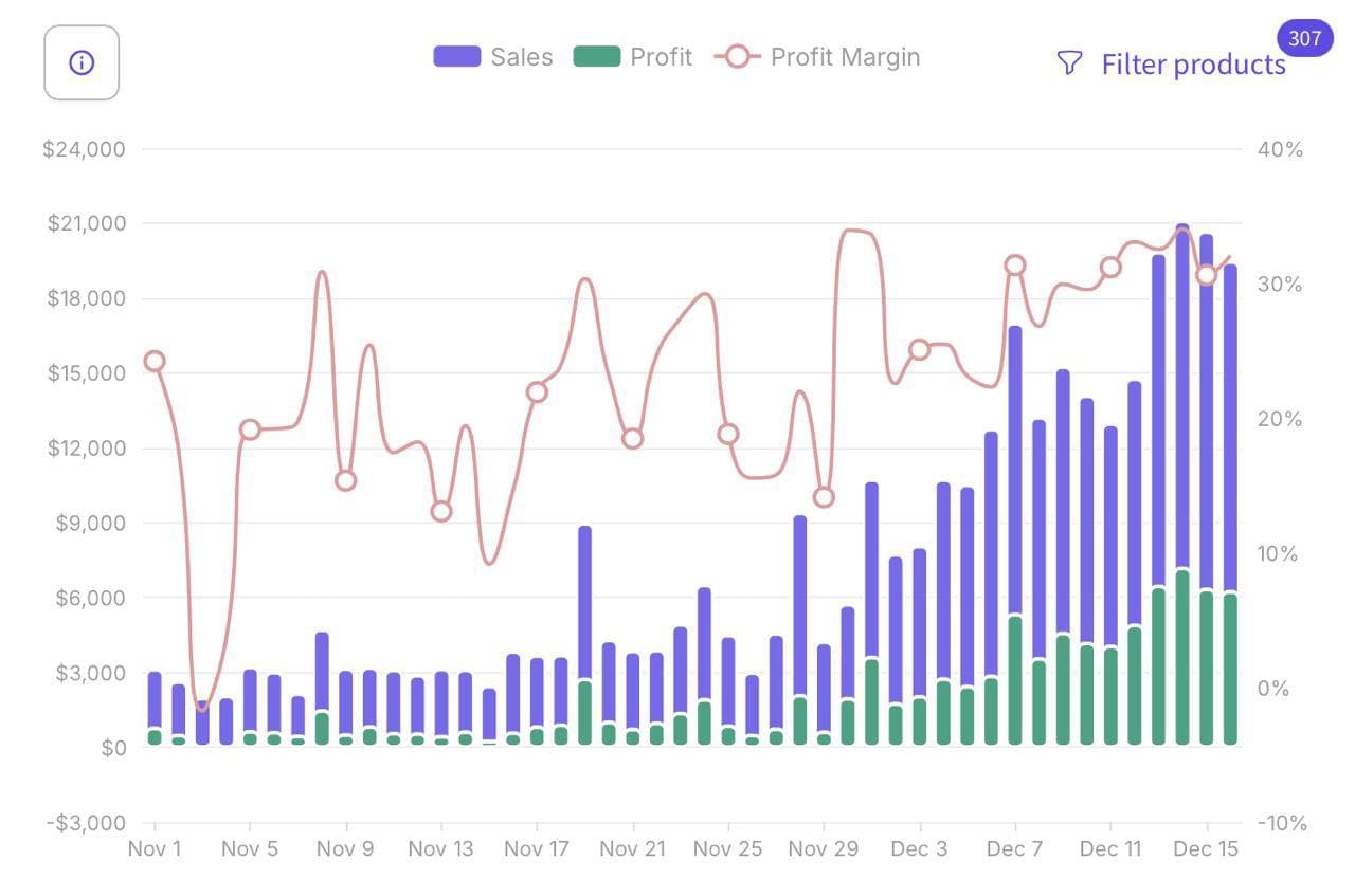 Sales, profit, and margin chart for a US marketplace account.